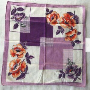 Vintage Floral Print Purple Hanky Handkerchief Geometric Flower Design